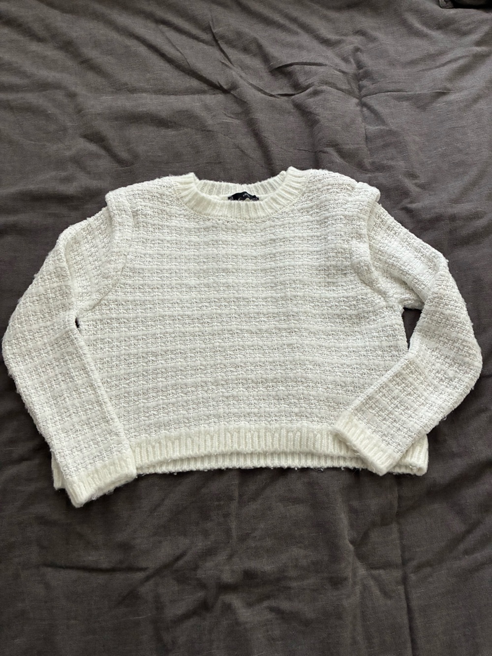 Mango MNG Cream Textured Crew Neck Cropped Sweater